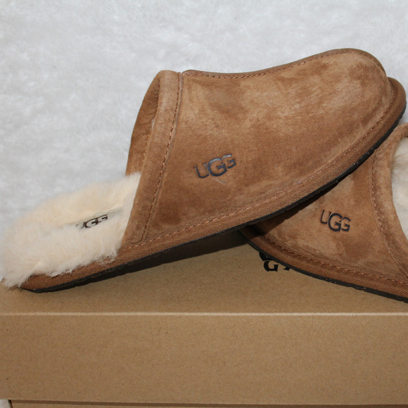 UGG SUEDE SHEARLING‎ CHESTNUT SLIDE SLIPPERS NEW! - Picture 1 of 8